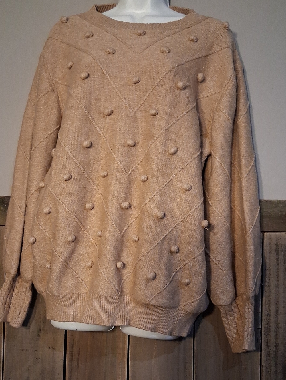 Cozy Pom-Pom Knit Sweatshirt Hoodie - Beige